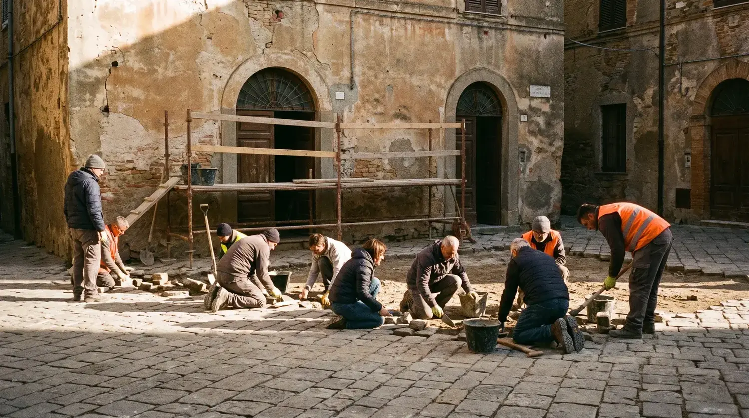 Una piazza di paese in ristrutturazione, con il selciato rimesso a mano