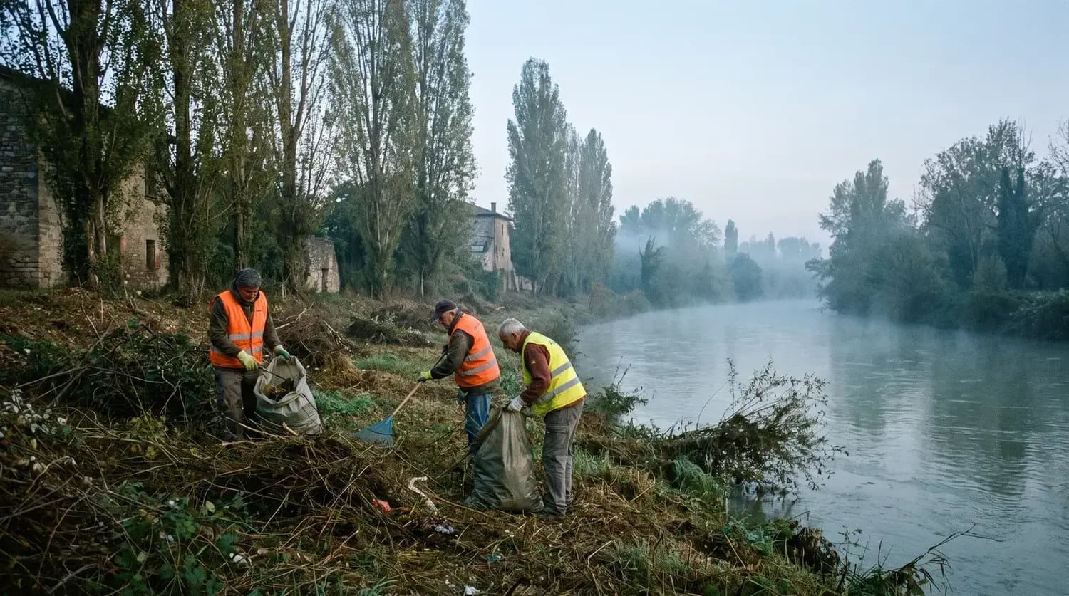 Volontari con pettorine ad alta visibilità ripuliscono la riva di un fiume