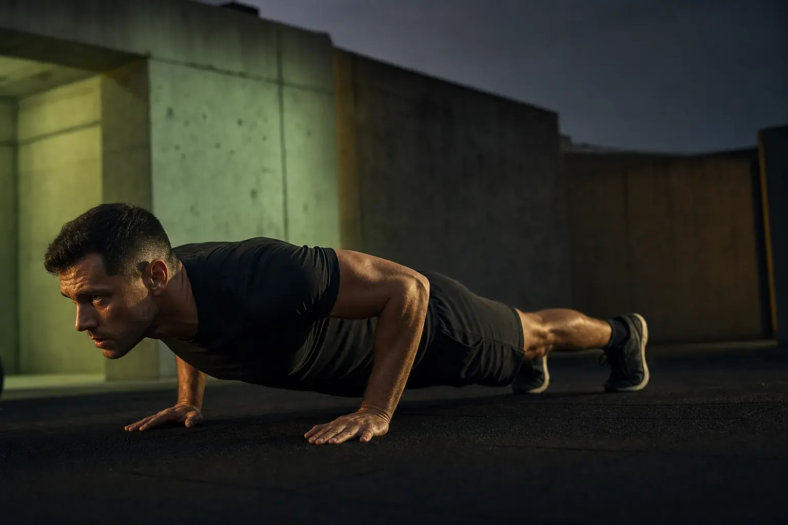 A man holding a press-up position, seen from the side