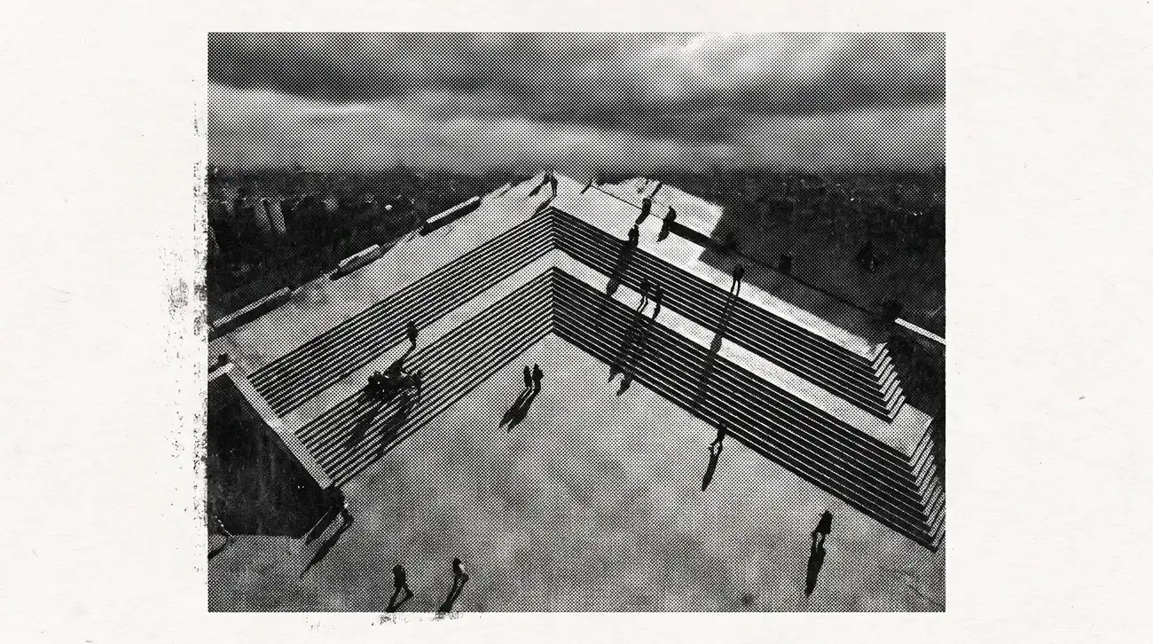 Oblique aerial view of a courtyard building