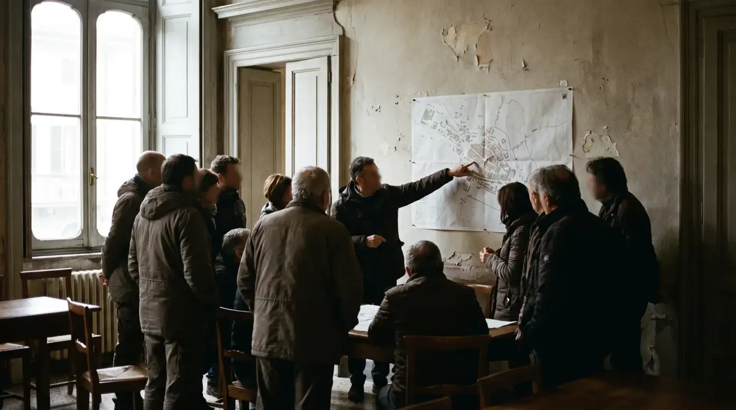 Un’assemblea pubblica riunita attorno a una mappa appesa al muro
