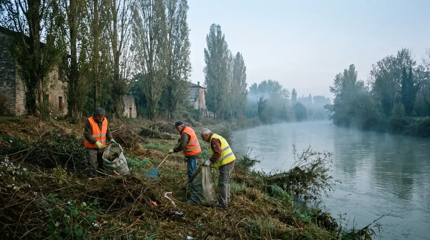 Volontari con pettorine ad alta visibilità ripuliscono la riva di un fiume