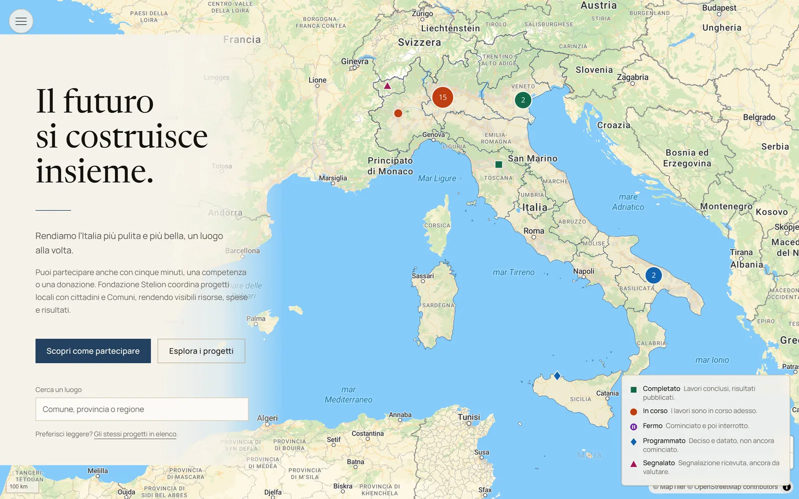 Harta Italiei cu fiecare proiect marcat după starea lui