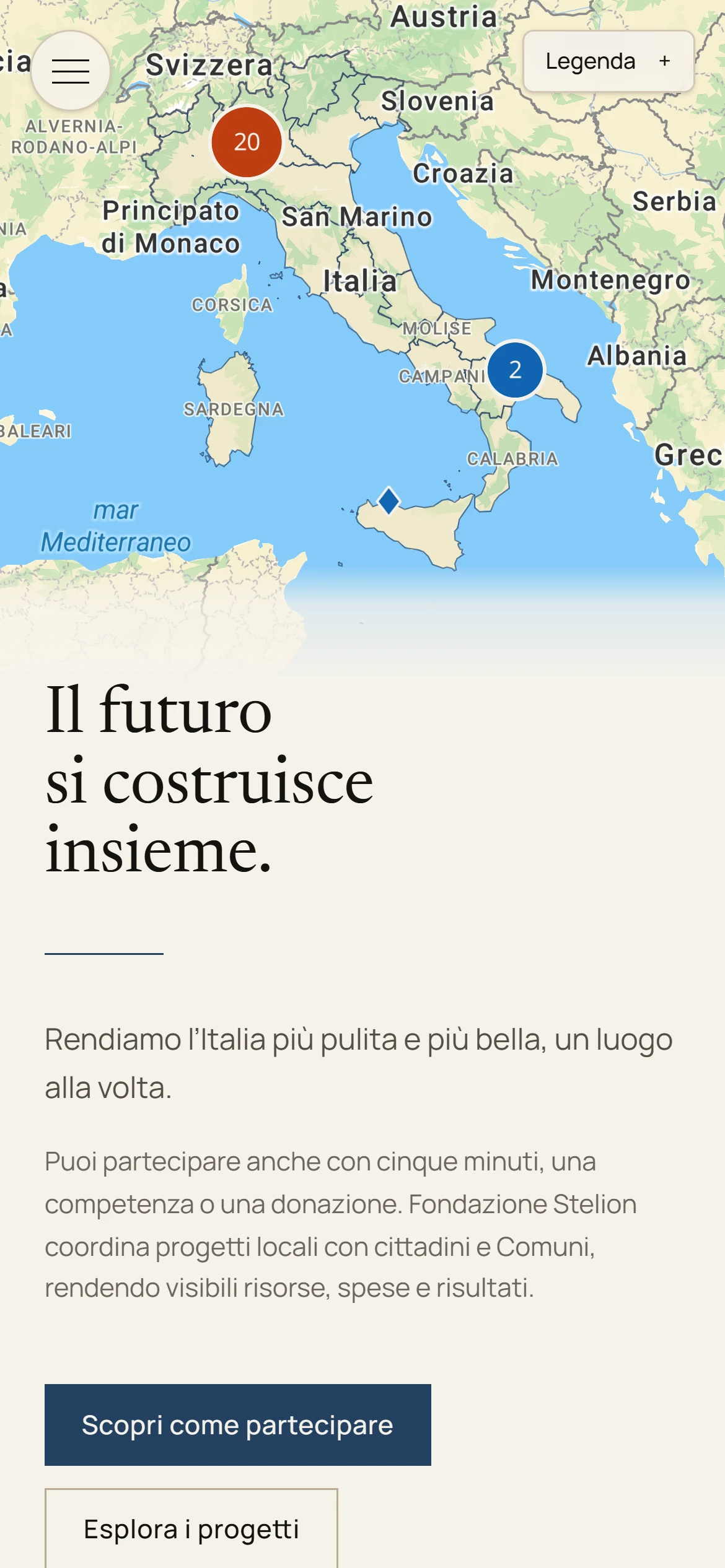 Il sito di Fondazione Stelion sul telefono, con la mappa dei progetti